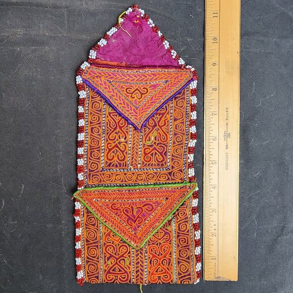 Kuchi Embroidered Pouch Wallet Central Asian Handmade Beaded Orange Magenta - Picture 8 of 9